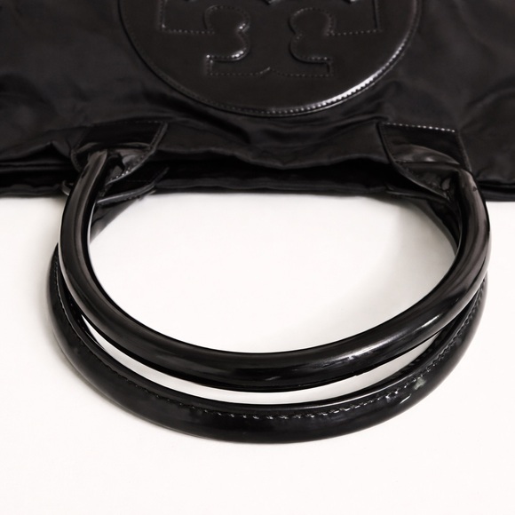Tory Burch Large Ella Tote Black Nylon Patent Logo Shoulder Bag - Picture 6 of 8